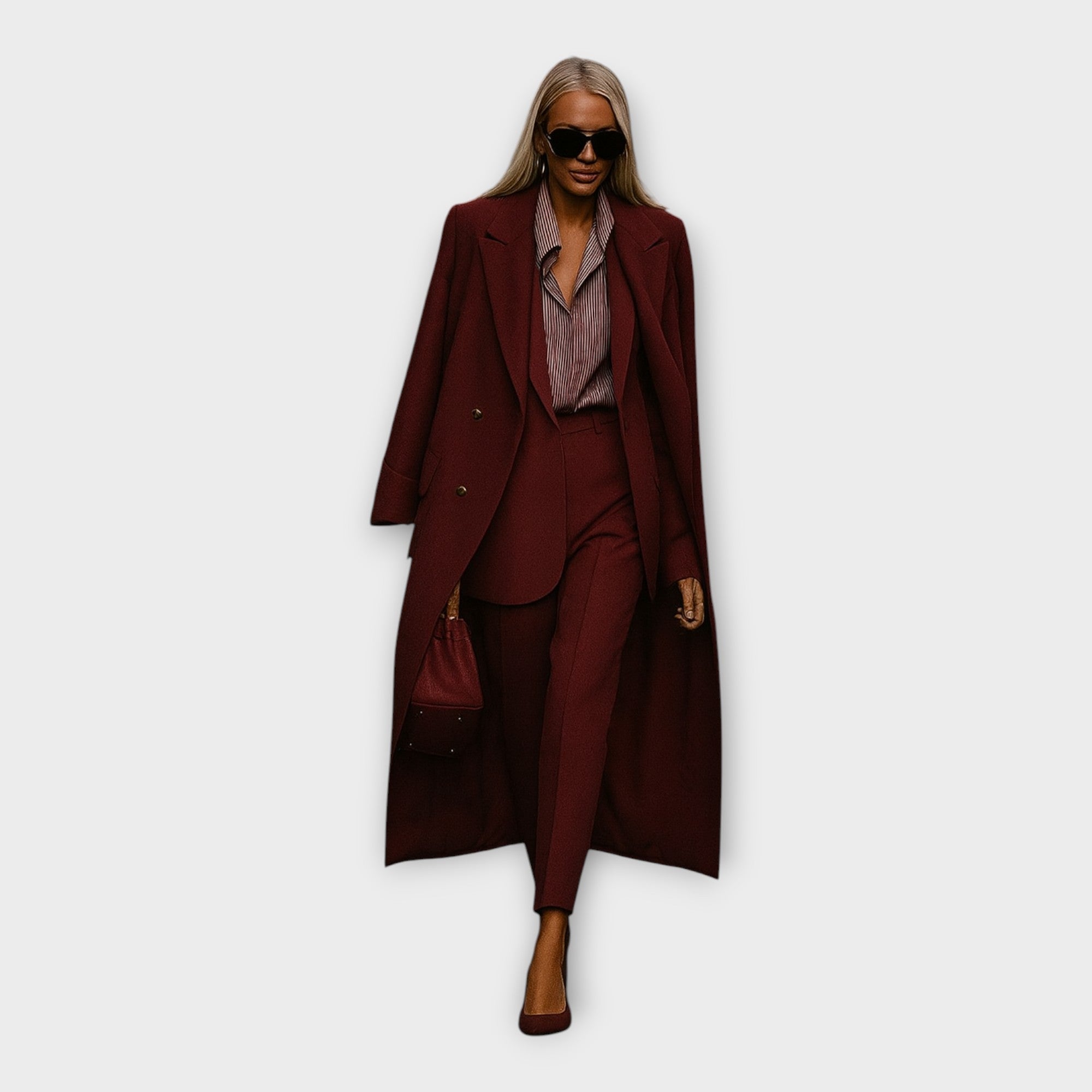 Elegantní souprava s kalhotami a kabátem v minimalistickém stylu