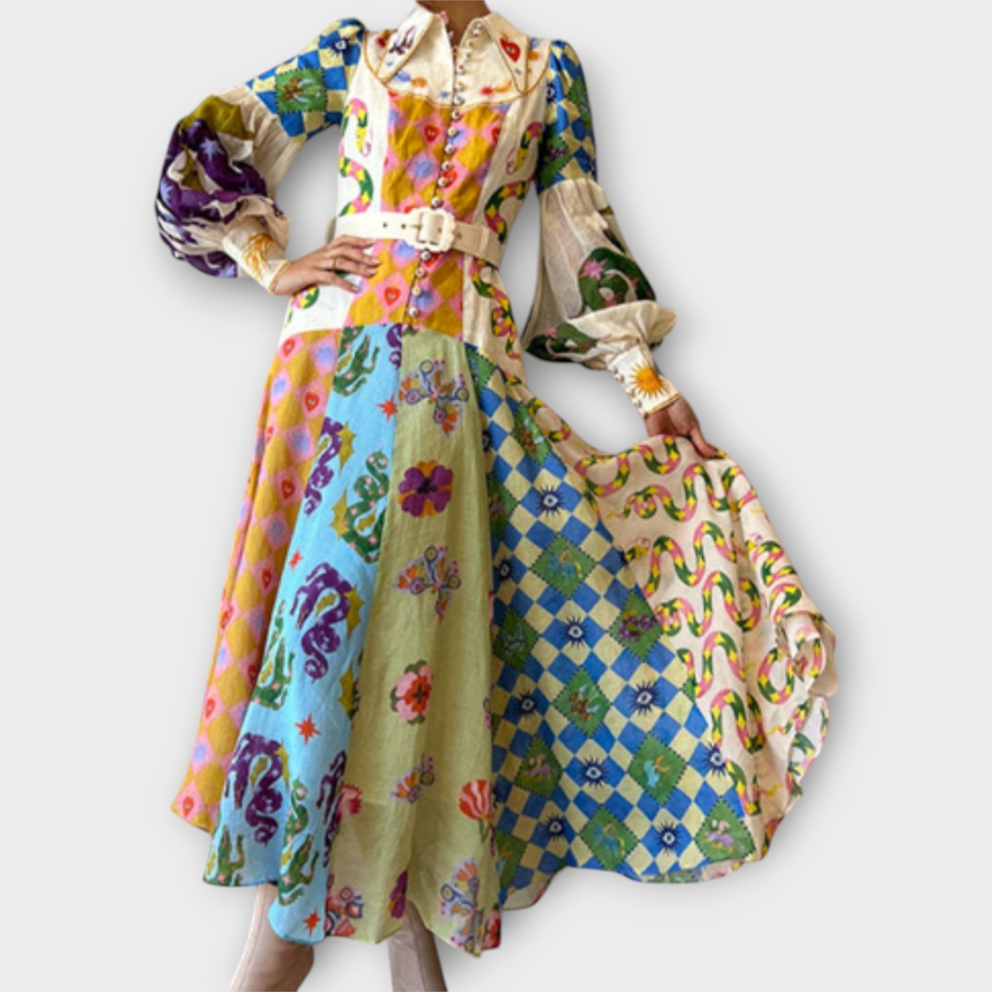 Maxi Šaty s Páskem a Nafouklými Rukávy