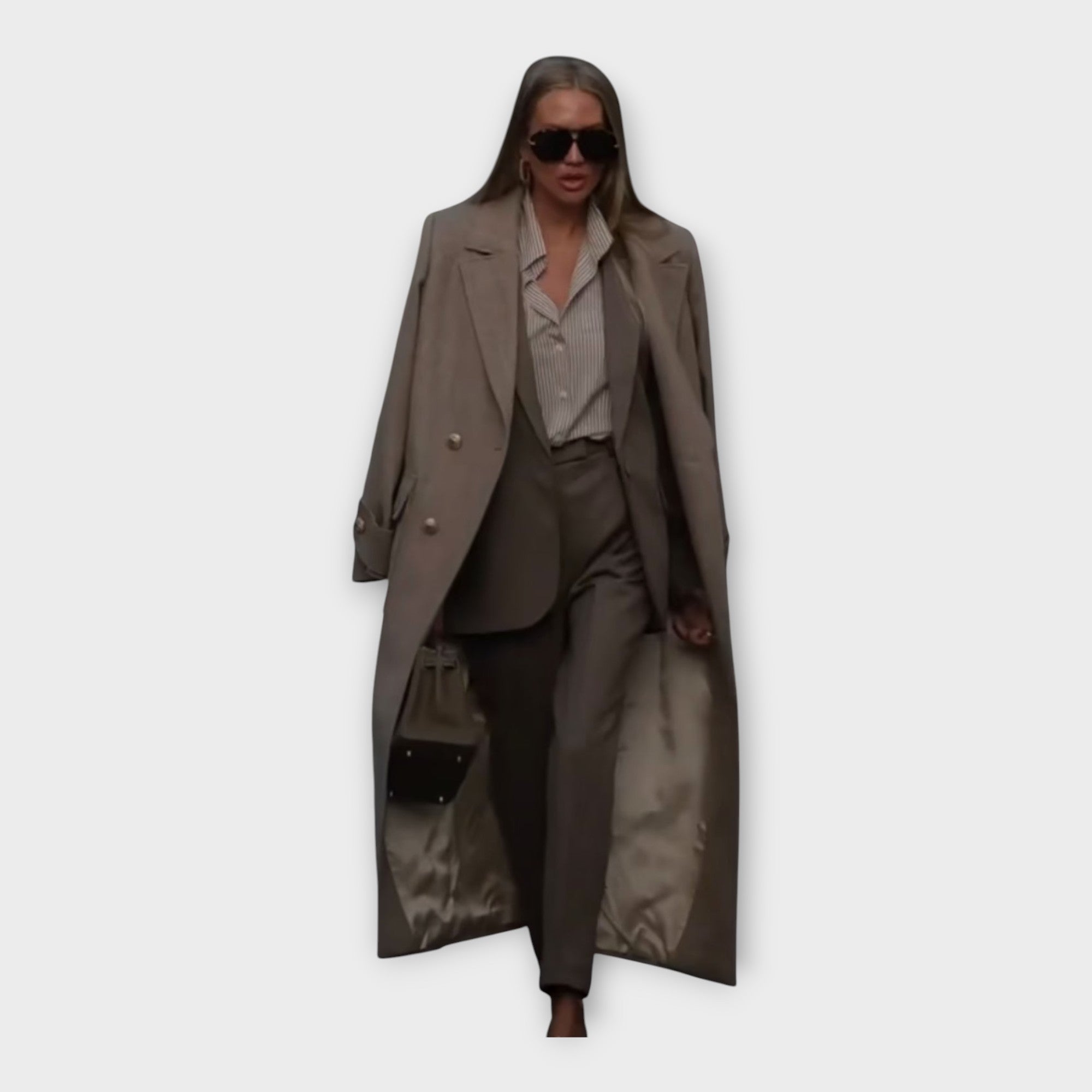 Elegantní souprava s kalhotami a kabátem v minimalistickém stylu