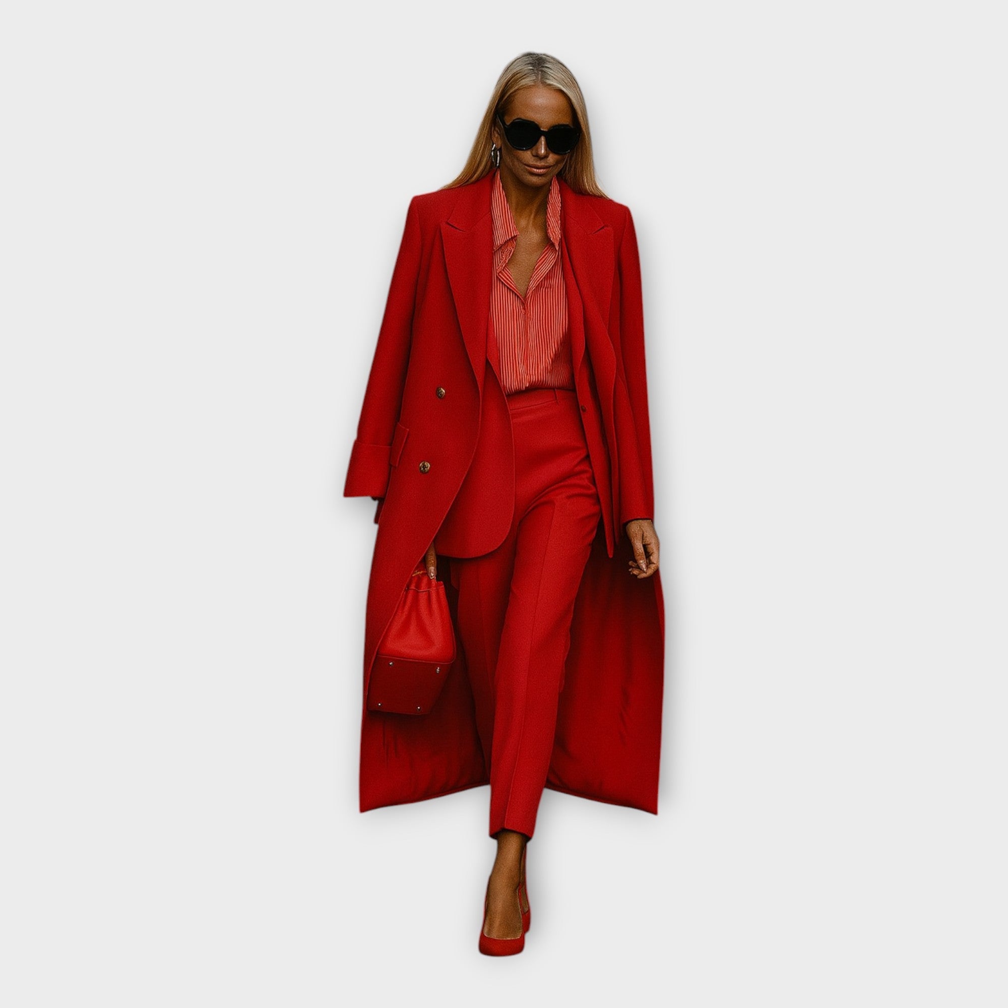 Elegantní souprava s kalhotami a kabátem v minimalistickém stylu