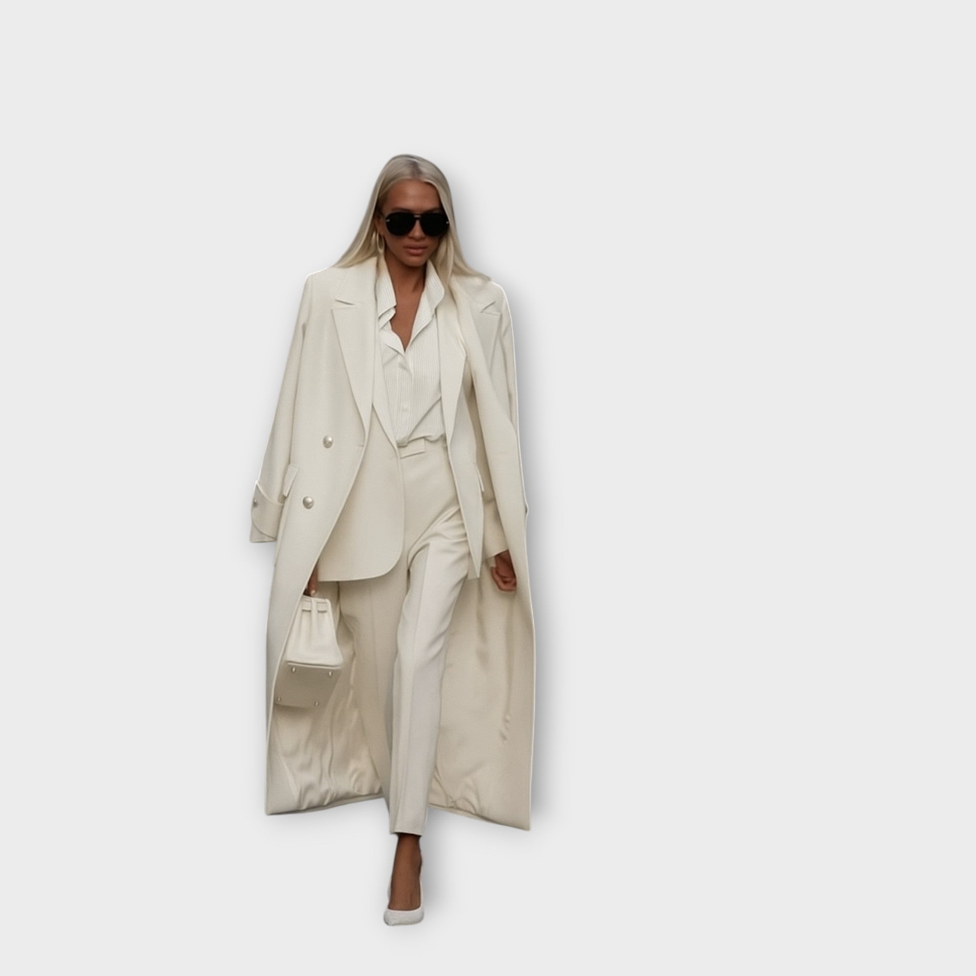 Elegantní souprava s kalhotami a kabátem v minimalistickém stylu