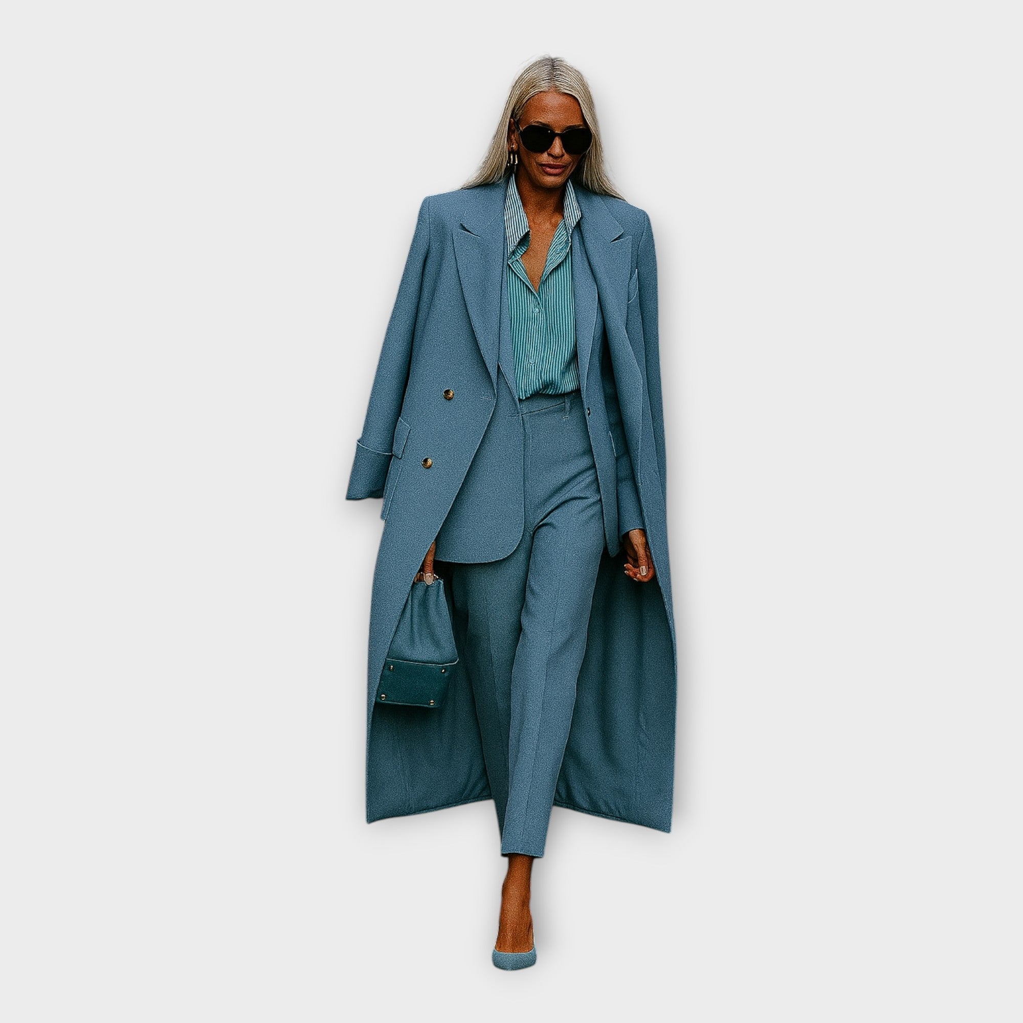 Elegantní souprava s kalhotami a kabátem v minimalistickém stylu