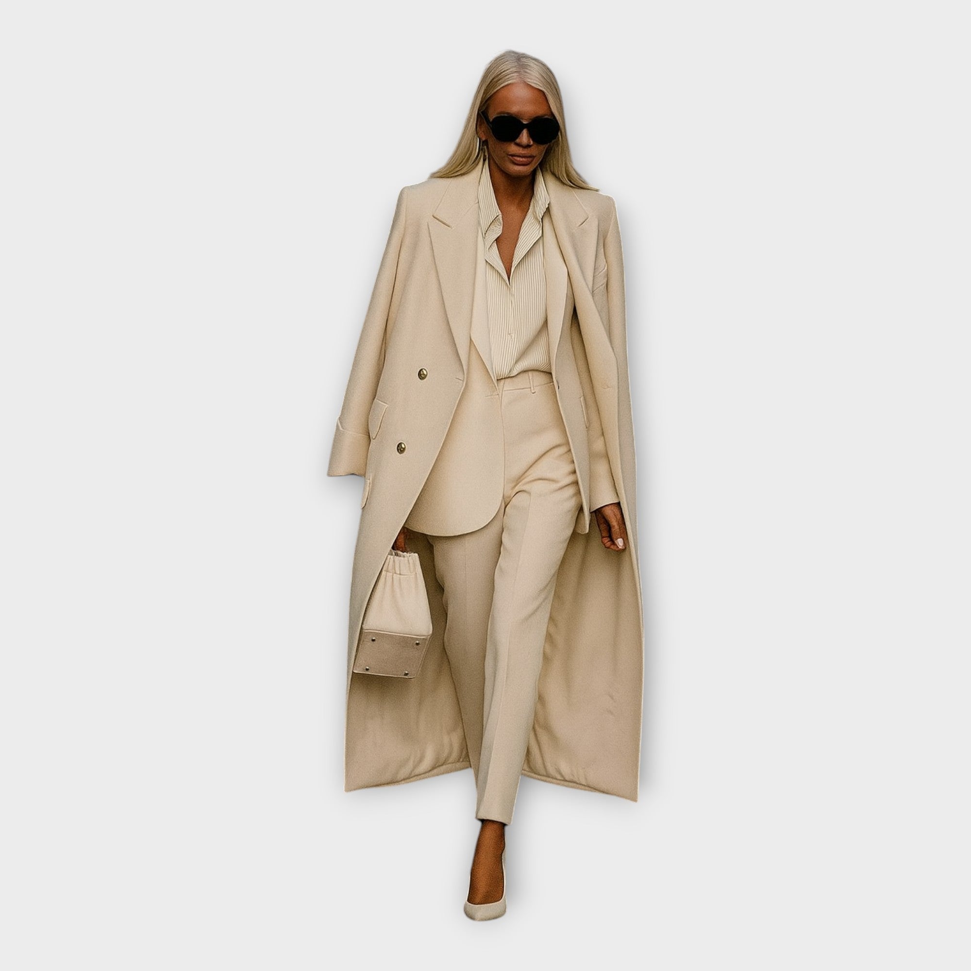 Elegantní souprava s kalhotami a kabátem v minimalistickém stylu