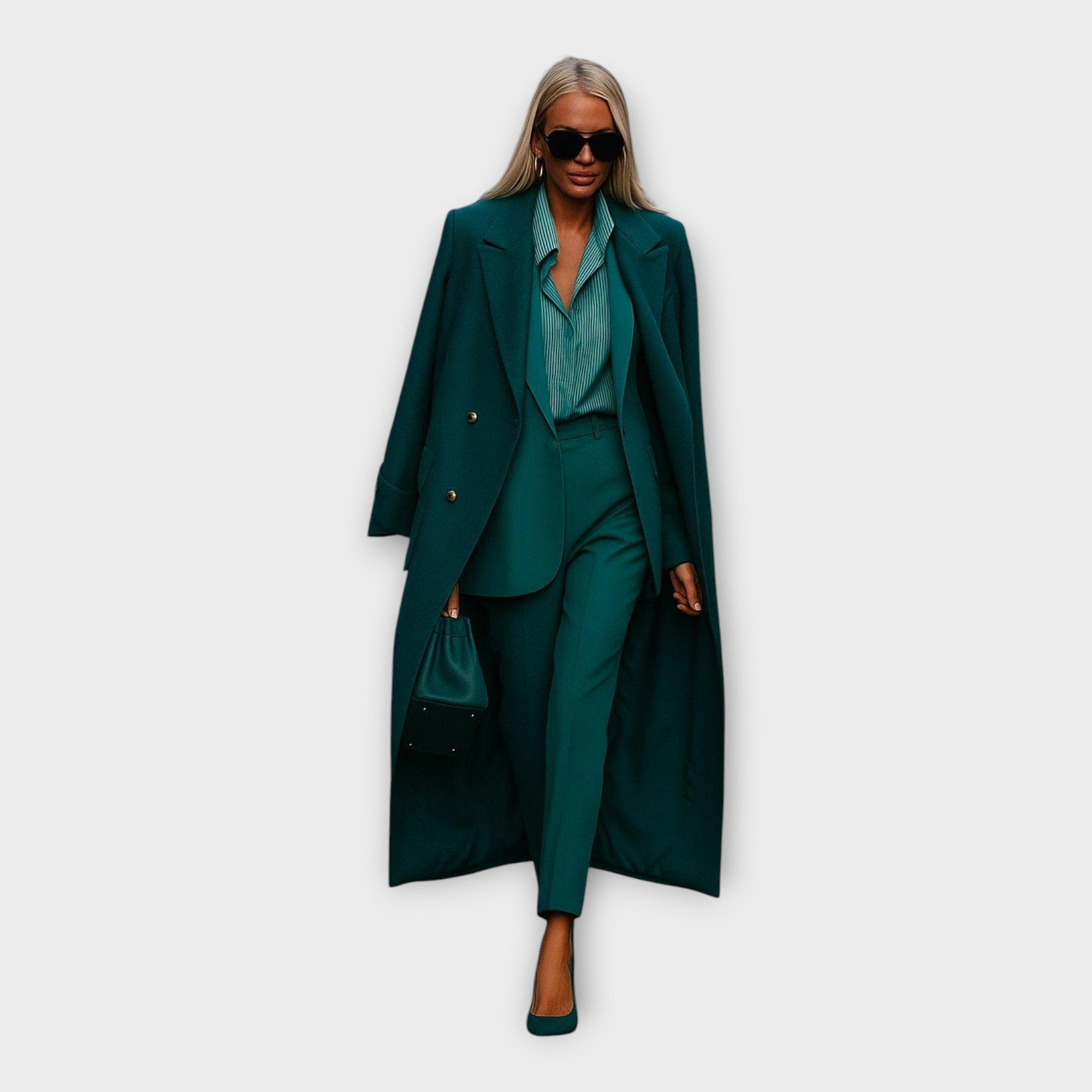 Elegantní souprava s kalhotami a kabátem v minimalistickém stylu