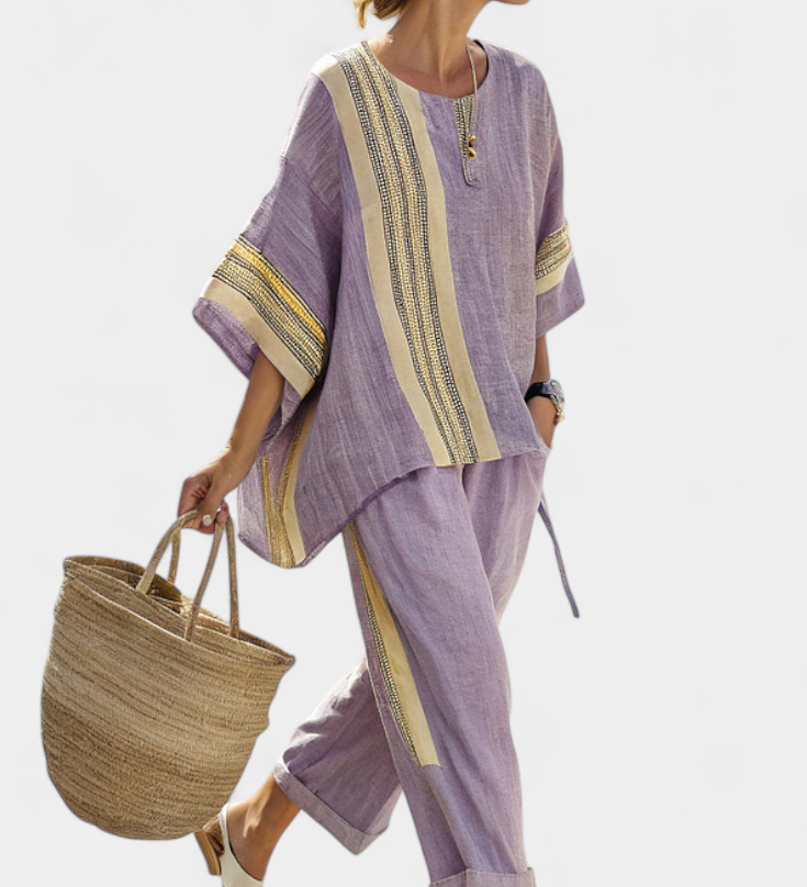 Sada z bambusového lnu s okouzlující levandulí a detaily v žlutém pruhu