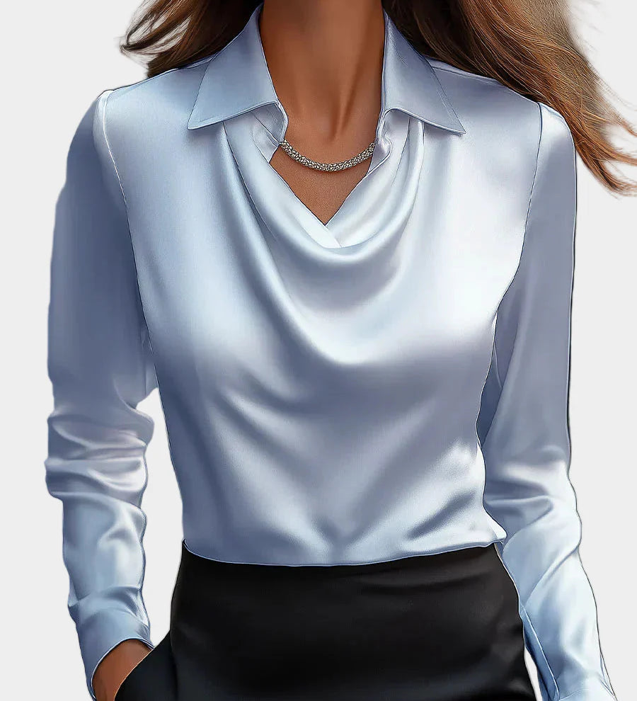 Elegantní Bílá Saténová Blůza s Drapé Dekolté