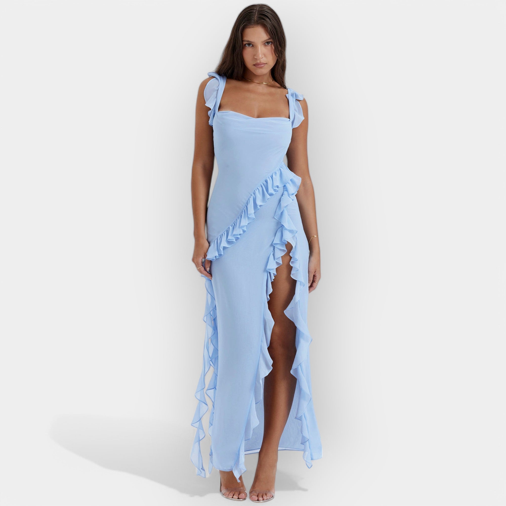 Šaty s Rozparkem a Nařasenými Volány